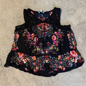Patrons Of Peace Black Floral Crochet Trim Sleeveless Babydoll Top Size L
